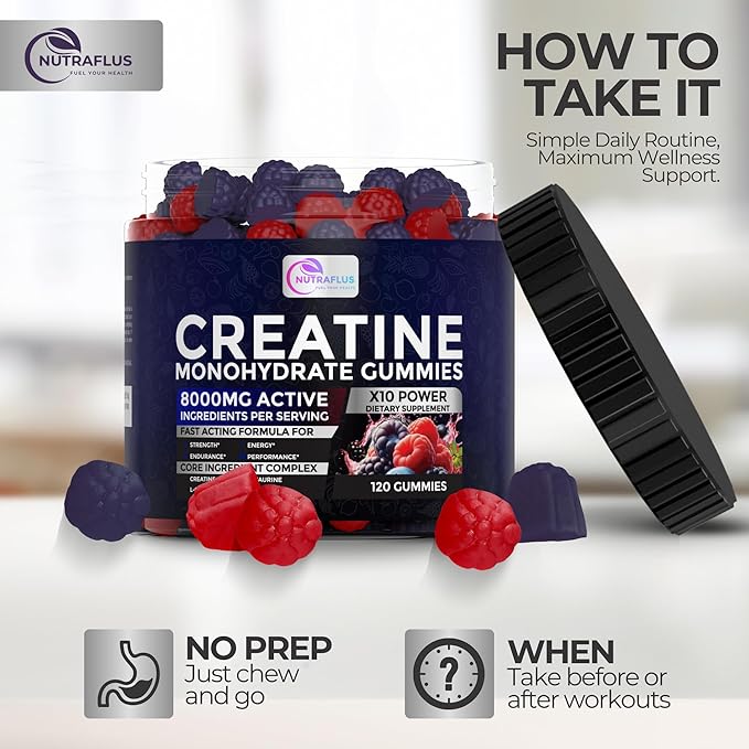 Creatine Monohydrate Gummies – Berry Flavored Creatine Supplements for Women and Men – 120Pcs Pre Workout Gummies with BCAA, Taurine, Vitamin B12 - Promote Energy Boost, Performance