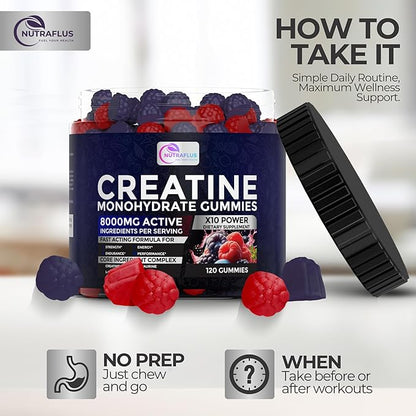 Creatine Monohydrate Gummies – Berry Flavored Creatine Supplements for Women and Men – 120Pcs Pre Workout Gummies with BCAA, Taurine, Vitamin B12 - Promote Energy Boost, Performance