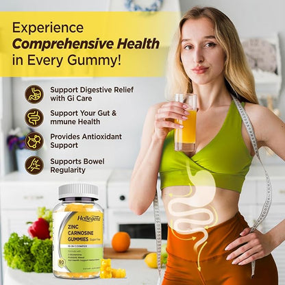 Zinc Carnosine Supplement Sugar Free, Organic Zinc Carnosine 75mg with L-glutamine, Probiotic & Herbal Blend, Comprehensive Gut & Digestive Health Support, Bloating Relief, Vegan, Non-GMO, 60 Gummies