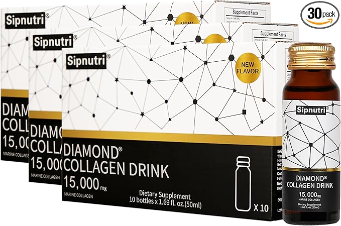 Diamond Liquid Collagen Drink for Women & Men, 15000 mg Hydrolyzed Marine Collagen Peptides with Vitamin C, Pomegranate, Hair Skin Nails Joints Bones Support, 50 ml x 30 Bottles