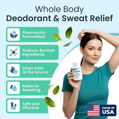Whole Body Deodorizing Supplement - 100% Natural Internal Deodorant, Sweat Relief - Body Odor Pills Reduce Odor in Underarms, Intimate Areas & Feet - 60 Chlorophyll Capsules for Gut Health