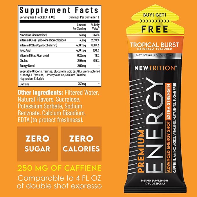 NewTrition® Extra Strength Energy Shots, 1.7 fl oz - 250mg Caffeine with Vitamin B & Amino Acids, Sugar-Free, Zero Calorie Vitamin Energy Drink for Focus & Endurance (Pack of 6, Tropical Burst)