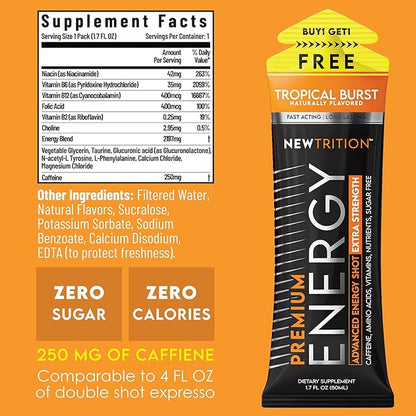NewTrition® Extra Strength Energy Shots, 1.7 fl oz - 250mg Caffeine with Vitamin B & Amino Acids, Sugar-Free, Zero Calorie Vitamin Energy Drink for Focus & Endurance (Pack of 12, Tropical Burst)