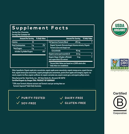Gaia Herbs Turmeric Supreme Gummies Extra Strength - Supports Healthy Inflammatory Response in Healthy Individuals* - Lemon Ginger Flavor - 120 Vegan Organic Gummies (40 Servings)
