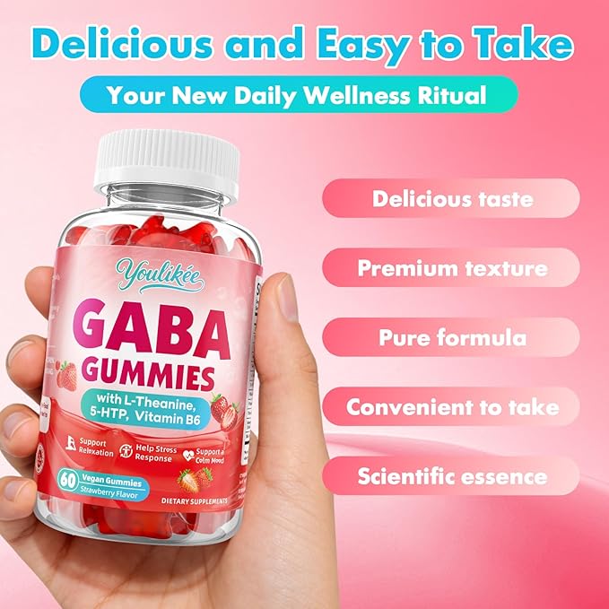 2 Pack GABA Gummies 500mg with L-Theanine, 5-HTP, Vitamins B6, B12, D3 and Ashwagandha, Melatonin-Free, GABA Supplements for Adult, Sugar-Free, Strawberry Flavor, 120 Count