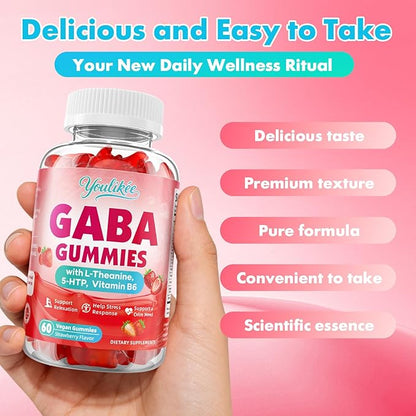 2 Pack GABA Gummies 500mg with L-Theanine, 5-HTP, Vitamins B6, B12, D3 and Ashwagandha, Melatonin-Free, GABA Supplements for Adult, Sugar-Free, Strawberry Flavor, 120 Count