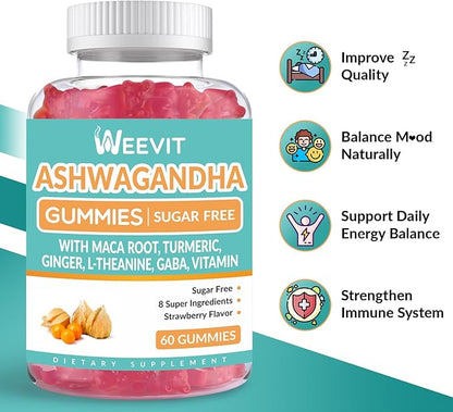 WEEVIT Ashwagandha Gummies with Vitamin D for Women & Men, Ashwagandha Gummy with Maca Root Powder | Organic Ashwa Gummies for Boost Energy
