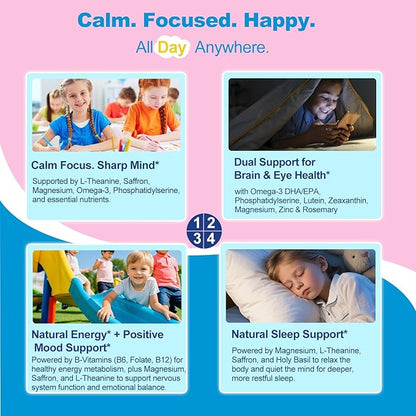 Saffron for Kids, Saffron Extract, Magnesium Glycinate, Omega-3, L-Theanine, Holy Basil, Rosemary, B6, D3 for Calm, Focus, Happy Mood, Cognition, Sleep, Sugar Free, 90 Gummies