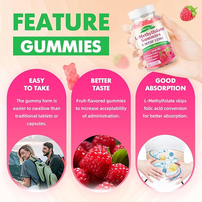 MEENCCD L-Methylfolate 15mg Gummies, Methylfolate Supplement, 5-MTHF Supplement - Active 5-MTHF - Supports Overall Wellness, Vegan, Raspberry Flavor, 60 Count