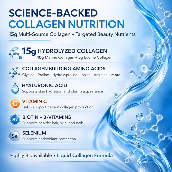 Liquid Collagen Max Super Elixir – 15,000mg Hydrolyzed Collagen (Marine + Bovine) with Hyaluronic Acid, Biotin, Vitamin C & B Complex – Liquid Collagen for Women Skin, Hair & Joints – 16.9 oz