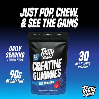 TASTY GAINS Creatine Gummies - 90g of Creatine Monohydrate - Workout Supplements - Build Muscle & Boost Strength for Men & Women - Made in USA - Non GMO - Vegan Friendly (Large, Blue Raspberry)