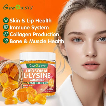 Liposomal L-lysine Gummies 1200mg, Lysine Chewable Supplement with Vitamin C, D3, B12 & Zinc for Adults & Kids, Immune & Collagen Support, Lips & Skin Health, Vegan, Natural Fruit Flavor, 60CT