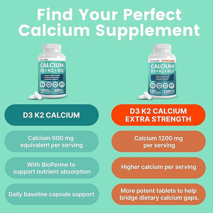 4-in-1 Calcium Supplements for Women and Men - Calcium with Vitamin D3 K2 5000 IU Supplement, 601mg per Serving for Heart, Bones & Body Defenses - Gluten-Free, Vegan-Friendly (480 ct)