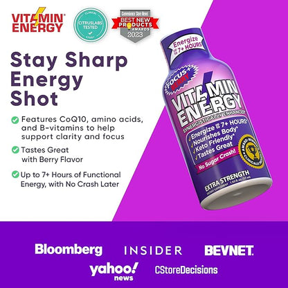Vitamin Energy Focus+ Extra Strength Energy Shot Berry 24 Pack, 260mg Natural Caffeine, B-Vitamins, CoQ10, Amino Acids, Focus, Productivity & Clarity, Zero Sugar, Gluten-Free, 1.93 fl oz