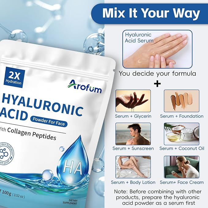 Hyaluronic Acid Powder, with Collagen Peptides – DIY Hydrating Serum & Skincare Ingredient, Clean Formula, Gluten-Free, No Preservatives – 100g / 3.52oz