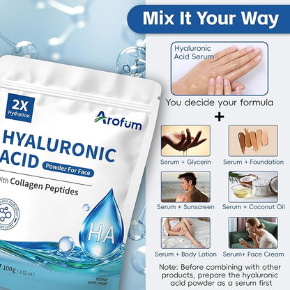 Hyaluronic Acid Powder, with Collagen Peptides – DIY Hydrating Serum & Skincare Ingredient, Clean Formula, Gluten-Free, No Preservatives – 100g / 3.52oz