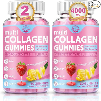 Nature's live Multi Collagen Peptides Gummies, Type I, II, III, V, X - Hydrolyzed Collagen Peptides with Biotin, Hyaluronic Acid, Supports Healthy Skin, Strong Nails & Thick Hair, 60 Count, 2 Pack