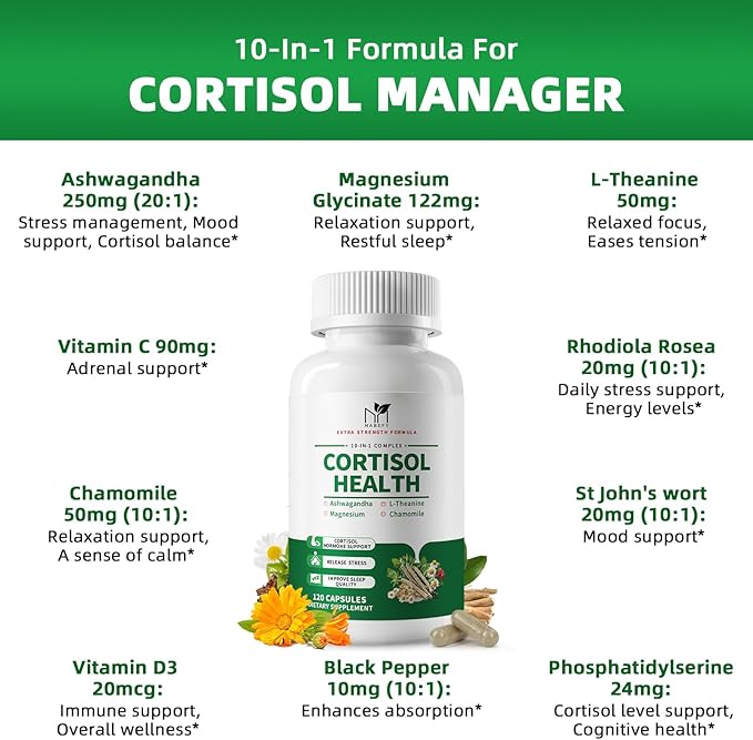 Cortisol Supplements for Women/Men - 10 in 1 Cortisol Manager Reducer Lower Detox Balance with Magnesium, Ashwagandha, L-Theanine for Stress, Sleep, Calm, Mood Support - 60 Capsules for 30 Days