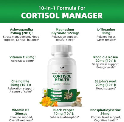 Cortisol Supplements for Women/Men - 10 in 1 Cortisol Manager Reducer Lower Detox Balance with Magnesium, Ashwagandha, L-Theanine for Stress Sleep Calm Mood Support - 120 Capsules for 60 Days