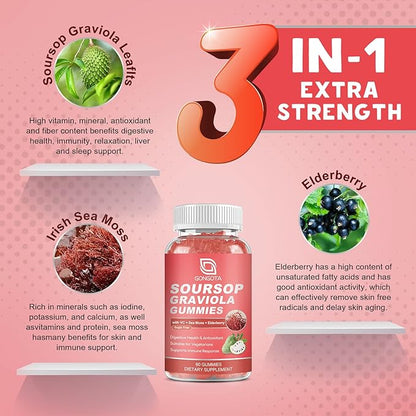 Soursop Graviola Gummies - 2200mg Extra Soursop Leaves Extract,Elderberry & Sea Moss & Zn, for Digestive, Immune, Antioxidant and Overall Health Support - Gluten Free, Vegan, 60 Gummies