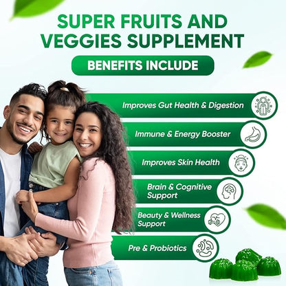Sugar-Free Real Organic Fruits, Super Greens and Veggies Gummies | 35+ Nutritious & Healthy Greens, Fruits, and Vegetables for Improved Immunity, Skin Health & Energy Boost|60 Vegan Gummies