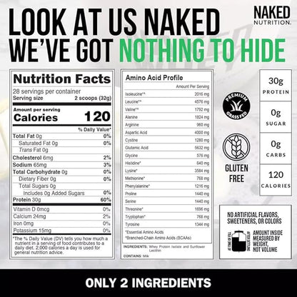 NAKED Whey Isolate Protein - Only 2 Ingredients, 30g Grass-Fed Protein, Zero Carb, Unflavored, Undenatured, Non-GMO, No Soy, Gluten-Free, No Preservatives - 28 Servings
