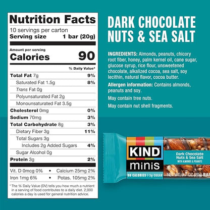 KIND Mini Snack Bars Variety Pack, Gluten Free, Low Sugar, Low Calorie Snacks, Dark Chocolate Nuts & Sea Salt, Peanut Butter Dark Chocolate, Caramel Almond & Sea Salt, 30 Count