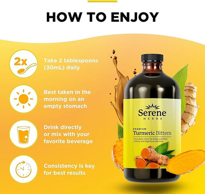 Serene Herbs Liquid Turmeric with Black Pepper - Turmeric Shots Curcumin Supplement 1000mg Extra Strength Herbal Drink, Digestive Bitters for Bloating Relief, Joint Health, Energy & Clarity - 16oz
