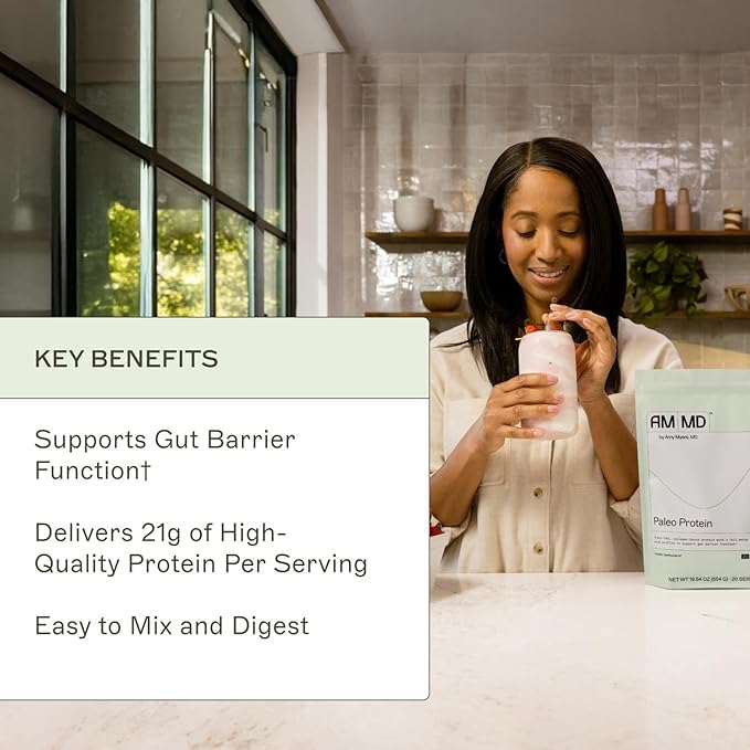 Amy Myers MD Paleo Protein Powder - Strawberries & Cream, 20 Servings - Collagen-Based Gut Function Support - Gluten-Free & Non-Dairy Protein Supplement