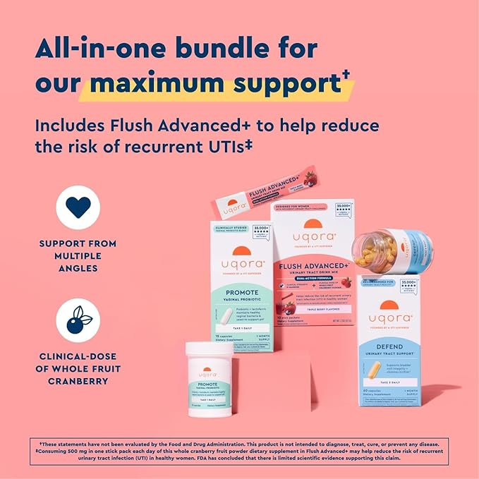 Uqora Flush Advanced+ Regimen with Flush Advanced+ (3 Pack) - Cranberry to Reduce Risk of Recurrent UTI** - Defend & Promote - D-Mannose, Vitamin C, Green Tea Extract & Probiotics - 3-Part Bundle