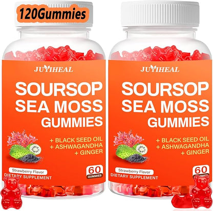 10-in-1 Soursop Graviola with Sea Moss Gummies, Soursop Leaves Extract with Vitamin C, Zinc for Immunity and Antioxidant, Gluten Free, Vegan 60 Gummies 2Pack