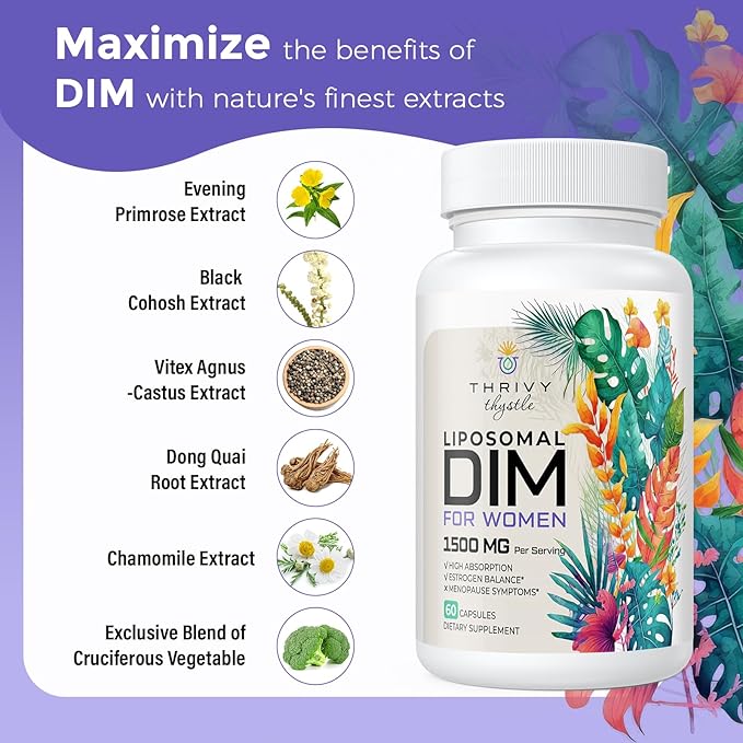 Liposomal DIM 400 mg - Hormone Balance, Estrogen Support for Women, DIM Supplement with Vitamin E, Evening Primrose, Black Cohosh, Omega-3 Fatty Acids (120 Capsules)