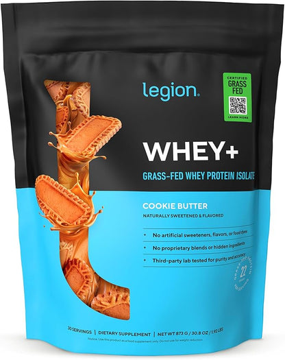 LEGION Whey+ Protein Whey Isolate from Grass Fed Cows (Cookie Butter, 30 Servings) - Whey Protein Isolate Powder Low Calorie, Non-GMO, Sugar Free, Lactose and Gluten Free, All Natural Protein Powder
