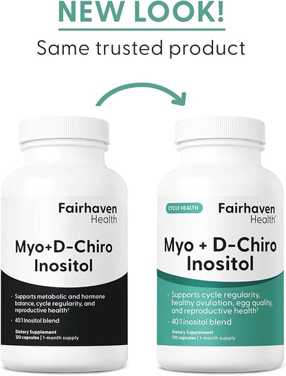 Fairhaven Health Myo-Inositol and D-Chiro Inositol for Women with PCOS | 40:1 Ratio | Inositol Supplement for Hormone and Ovarian Health | Myoinositol | Vitamin B8 | 120 Capsules