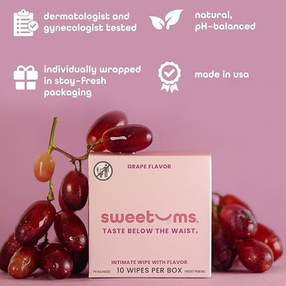 Sweetums Feminine Wipes For Women, Individually Wrapped - pH Balanced Flavored Intimate Wipes - Grape, Pack of 10