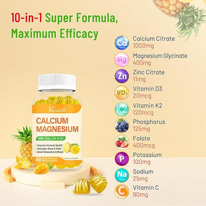 Calcium Magnesium Zinc Gummies with Vitamin D3 and K2, High Absorption Magnesium Glycinate Potassium for Immune and Calm Mood, Vegan Mango and Pineapple Flavor 120 Gummies
