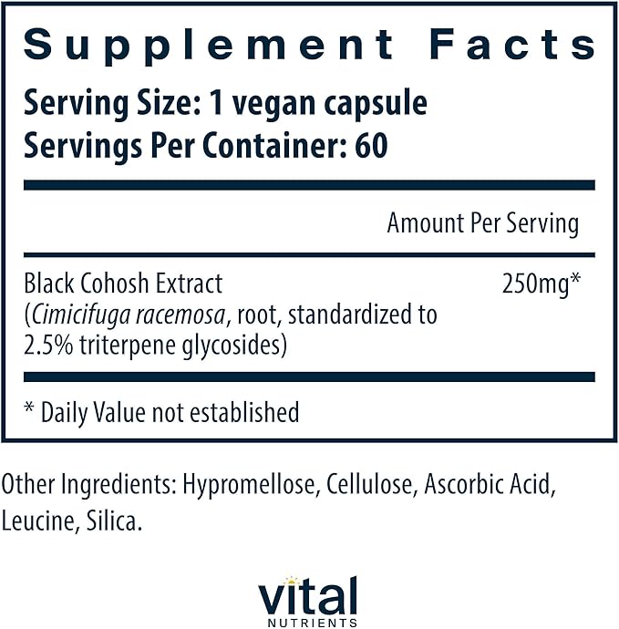 Vital Nutrients Black Cohosh Extract 250mg- Vegan Supplement for Women’s Menopause, Hormonal Balance and PMS Support* - Gluten, Dairy and Soy Free - Non-GMO - 60 Capsules