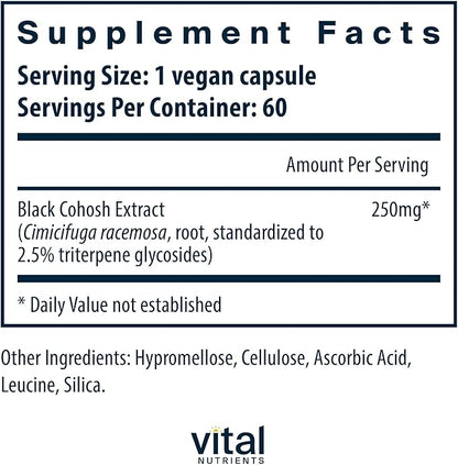 Vital Nutrients Black Cohosh Extract 250mg- Vegan Supplement for Women’s Menopause, Hormonal Balance and PMS Support* - Gluten, Dairy and Soy Free - Non-GMO - 60 Capsules