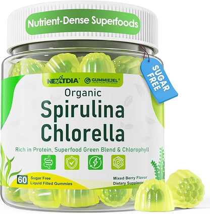 Organic Spirulina + Chlorella Gummies, High in Vegan Protein, Chlorophyll, Nutrient Dense Green-Blue Algae +Super Greens, Vitamin C, D3, Zinc, B12 for Daily Energy, Cleanse, Antioxidant, Immune, 60Cts