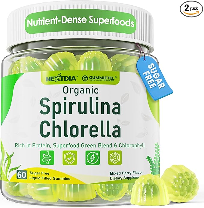 (2 Pack) Organic Spirulina + Chlorella Gummies, High in Vegan Protein, Chlorophyll, Nutrient Dense Green-Blue Algae + Super Greens, C & D3,Zinc, B12 for Daily Energy, Cleanse, Antioxidant and Immune