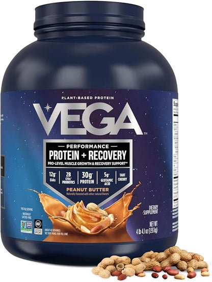 Vega Sport Vegan Protein Powder + Recovery - 30g Plant Based Protein per Serving, Peanut Butter, 45 Servings, 5g BCAAs, Probiotics, NSF Certified, for Shakes & Smoothies, 4.2lbs (Packaging May Vary)