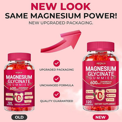 Magnesium Glycinate Gummies 600mg, Sugar Free Magnesium Gummies for Adults, Chewable Potassium Supplements for Sleep, Body Support and Relaxation, 2 Pack