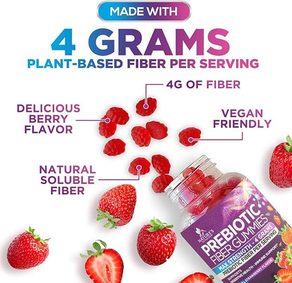 Fiber Gummies For Adults - Daily 3X Strength Soulable Fiber 4g Per Serving Gummy Supplement, Prebiotic Gummy Digestive Health Support - Plant Based Fiber Regularity & Digestion Support - 120 Gummies