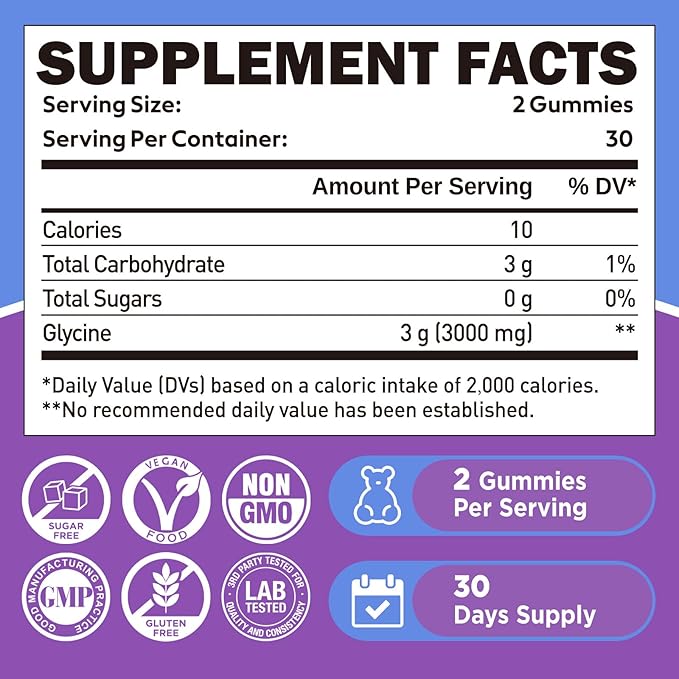duwhot Glycine Gummies, 3g(3000 mg) Glycine Supplements for Sleep, Detox, Relax, Nerve Support, Blueberry Flavor, Sugar-Free, Vegan, Non-GMO, Gluten-Free, 60 Ct.
