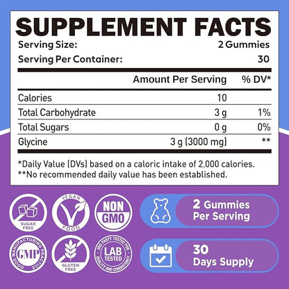 duwhot Glycine Gummies, 3g(3000 mg) Glycine Supplements for Sleep, Detox, Relax, Nerve Support, Blueberry Flavor, Sugar-Free, Vegan, Non-GMO, Gluten-Free, 60 Ct.