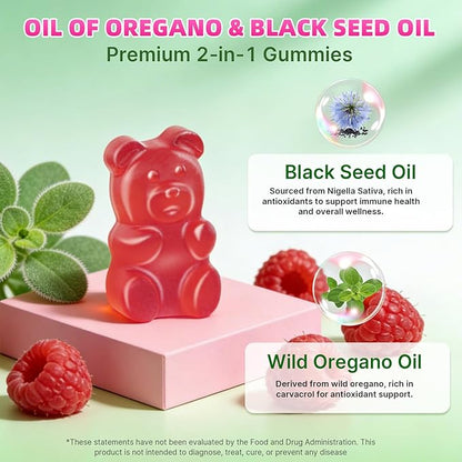 Oil of Oregano with Black Seed Oil, 2-in-1 Black Seed Oil Supplement for Women & Men Support Antioxidant Health, Sugar Free & Vegan Raspberry Herbal Gummies, 120 Count