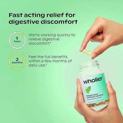 wholier Peppermint Oil, Ginger Root Oil for Bloating Relief, Nausea Relief, Upset Stomach Relief + Gut Health. Daily Herbal Supplement. Peppermint Stomach Soother. (60 Vegan Capsules) Glass Bottle