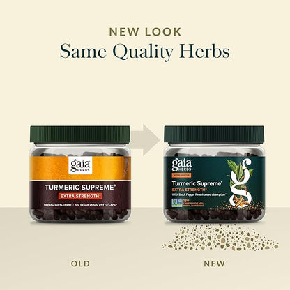 Gaia Herbs Turmeric Supreme Extra Strength - Supports Occasional Discomfort from Normal Wear & Tear* - with Turmeric Curcumin & Black Pepper - 180 Vegan Liquid Phyto-Caps (Up to 180 Servings)