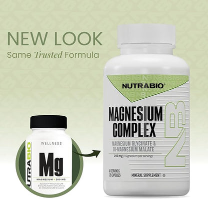 NutraBio Magnesium Complex Supplement, Magnesium Glycinate for Sleep, Biglycinate, D-Magnesium Malate, Muscle & Nerve Support, for Men and Women, 120 Vegetable Capsules