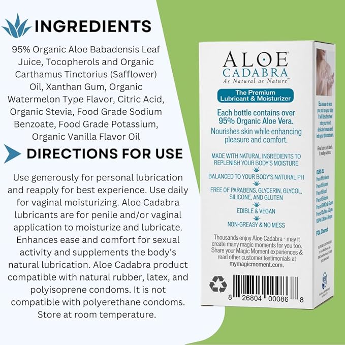 Aloe Cadabra Flavored Personal Lubricant and Vaginal Moisturizer, Organic Edible Aloe Lube for Men, Women and Couples, Non-Staining, pH Balanced, Toy Compatible (Watermelon, 2.5 Ounces, 1 Pack)